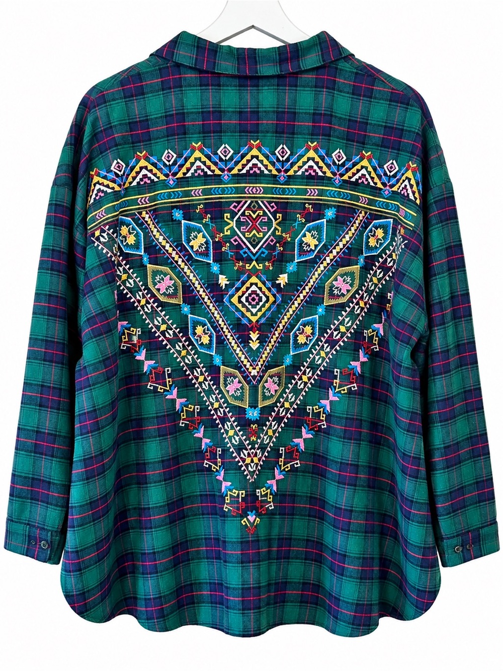 Umgee Embroidered Green Plaid Button-Up Shirt XL Boho Western Flannel